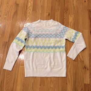 Girls Large Pastel Fair Isle Cloud Soft Crew Neck Sweater in Off White